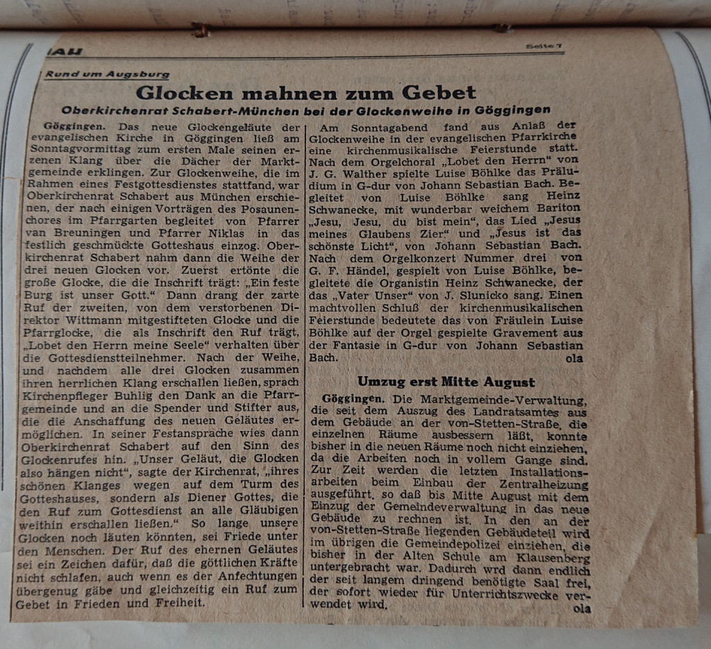 Zeitungsartikel - Glockeneinweihung 1953